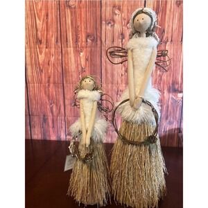 Rustic Angel Figurine Set of 2 Straw Faux Fur Twig Christmas Decor